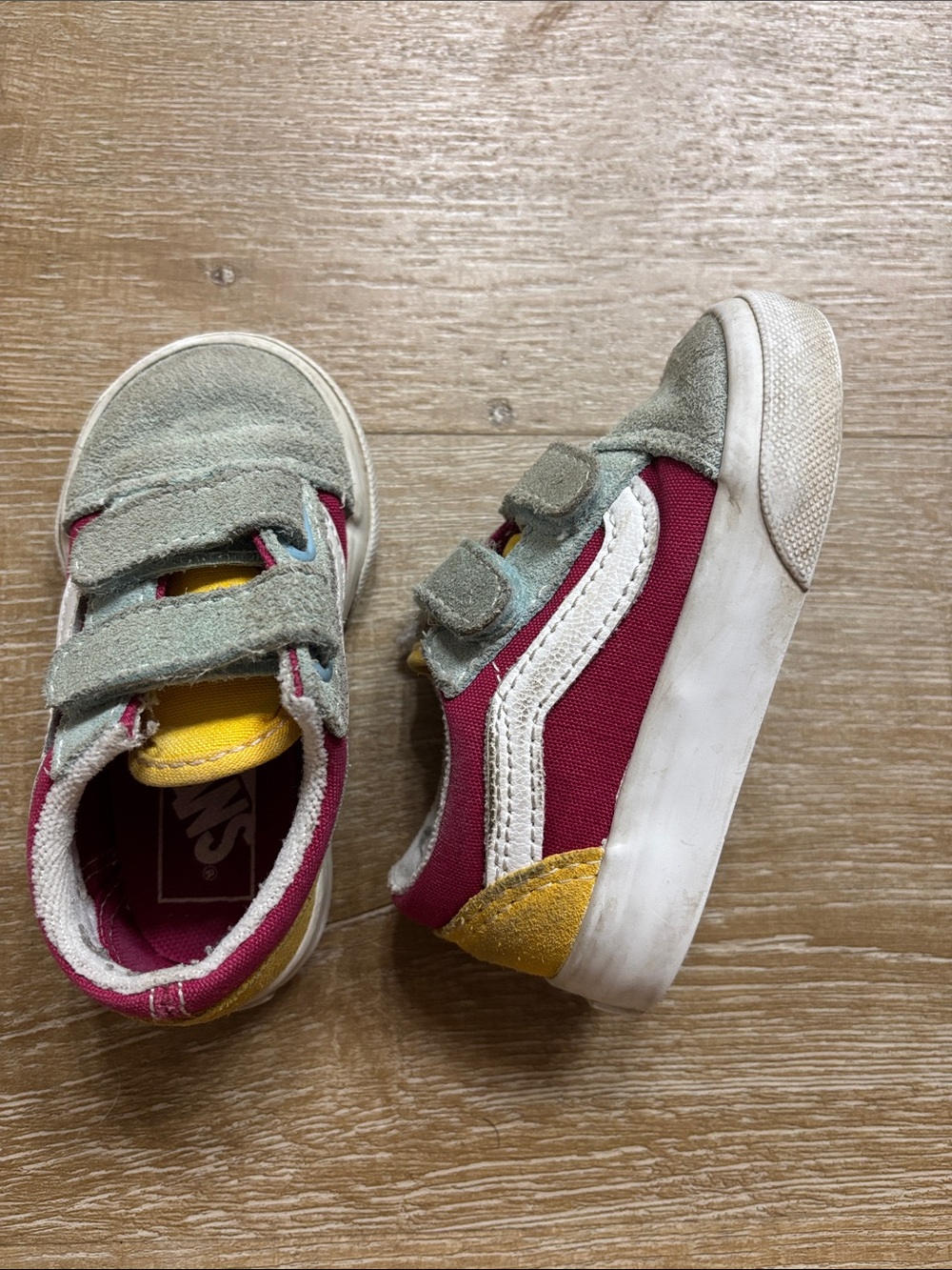 Vans Toddler Burgundy, Yellow & Gray Low Top Velcro Sneakers